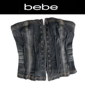 🪢 Distressed Denim Lace Up Corset Top | Black / Charcoal | Bebe | Medium 6-8